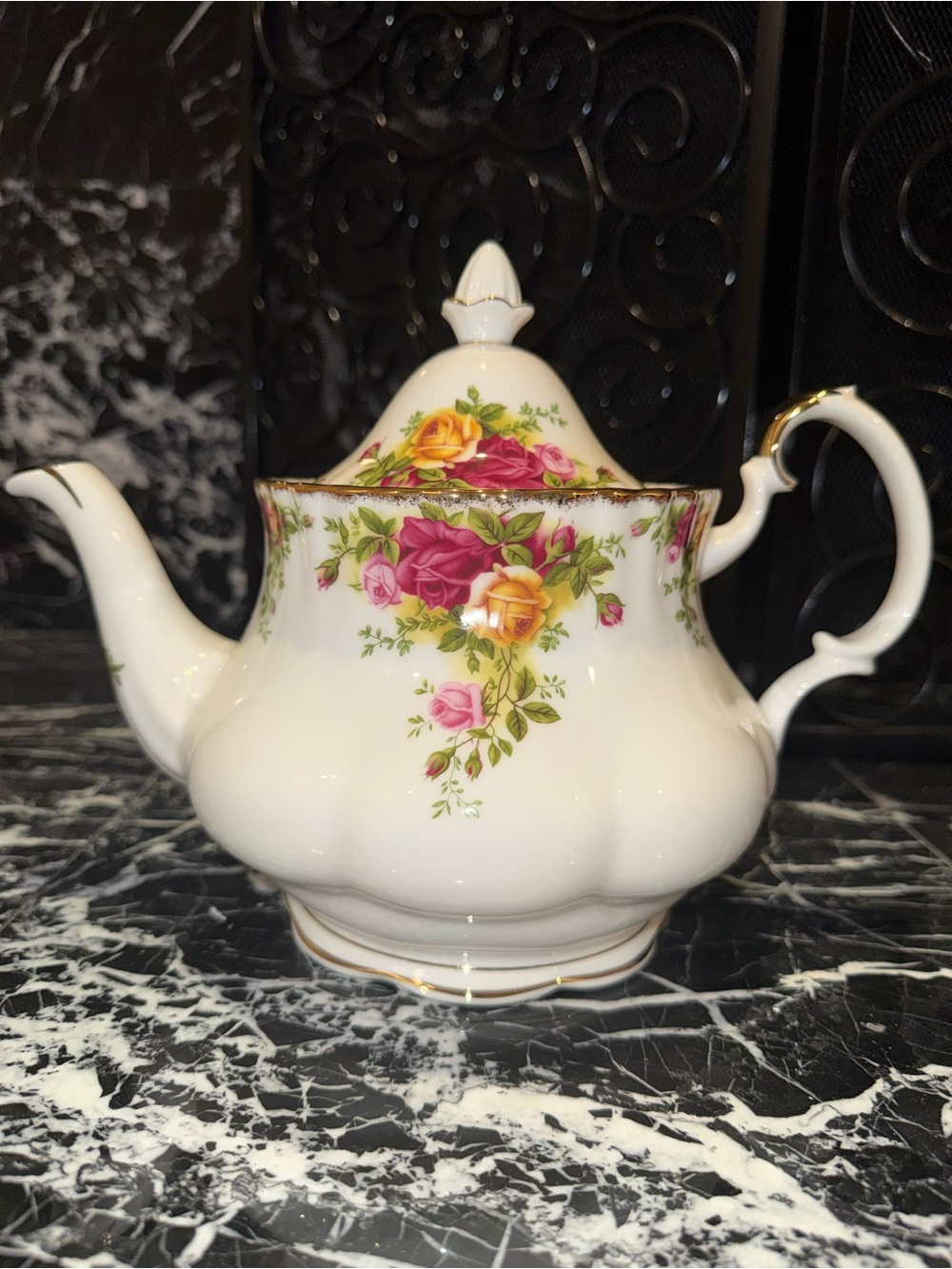 Royal Albert White Teapot with Pink and Yellow Rose Pattern